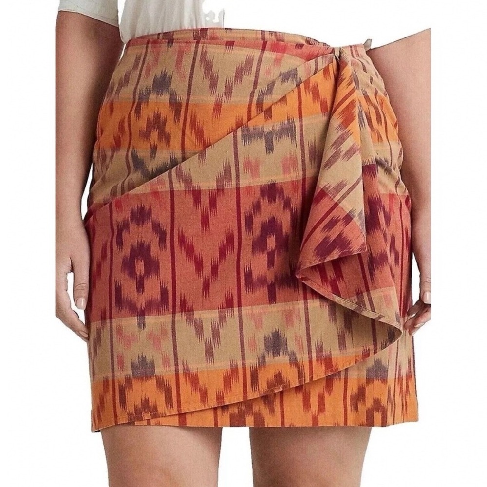 Lauren Ralph Lauren Women 18W Pre-Owned Geo-Motif Cotton-Linen Wrap Skirt Orange